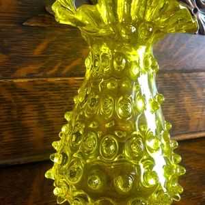 Vintage bright sunshine lemon yellow hobnail vase. Crimp ripple top.